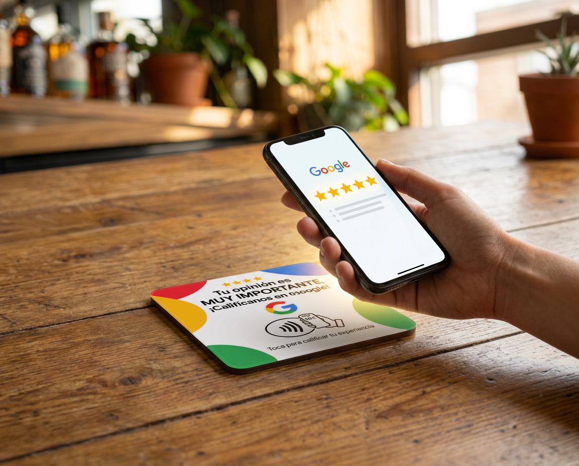Cliente tocando la tarjeta nefi con el móvil y abriendo la reseña de Google